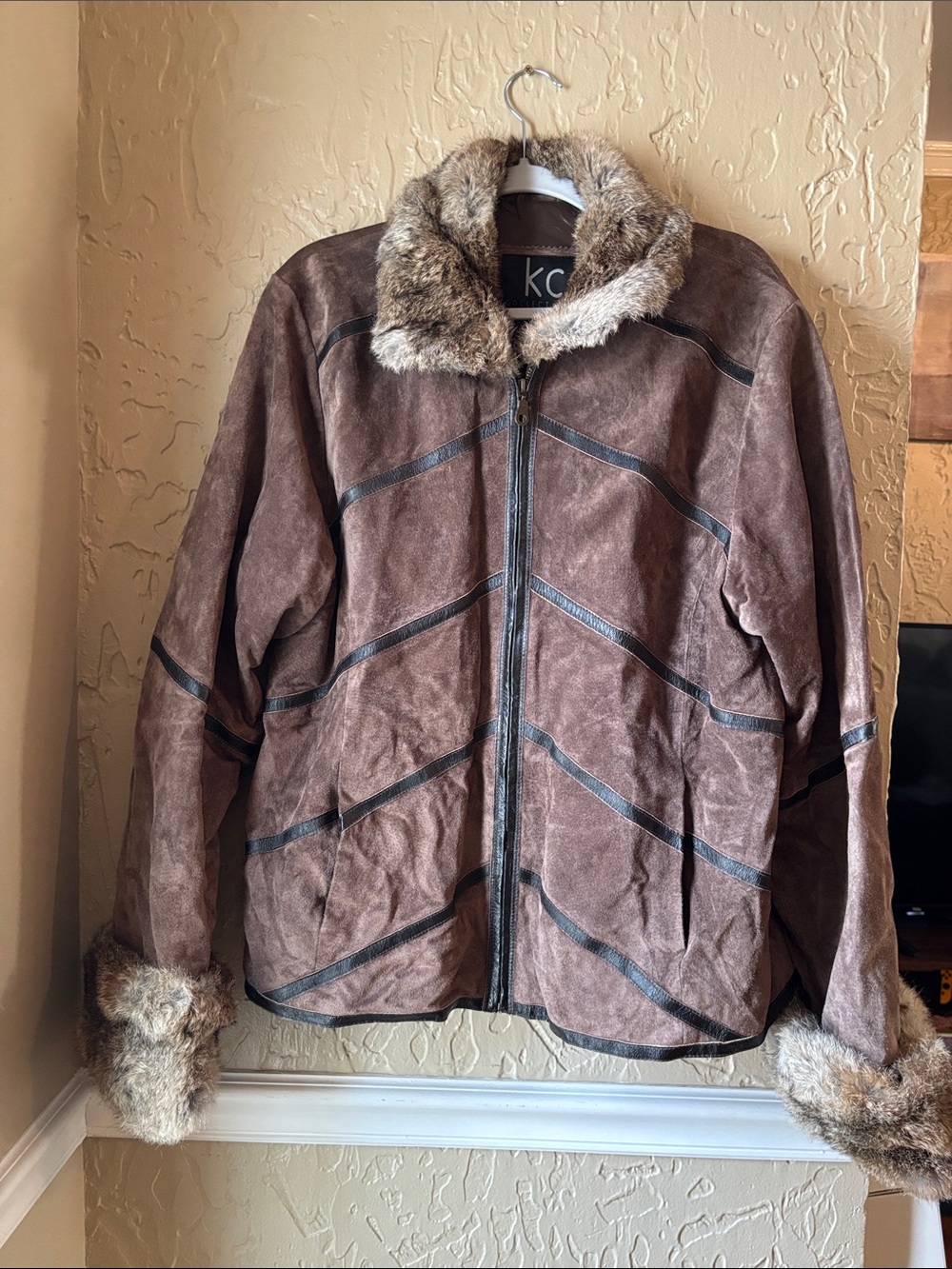 Vintage KC Collections Suede Leather Jacket with Genuine Rabbit Fur Trim.